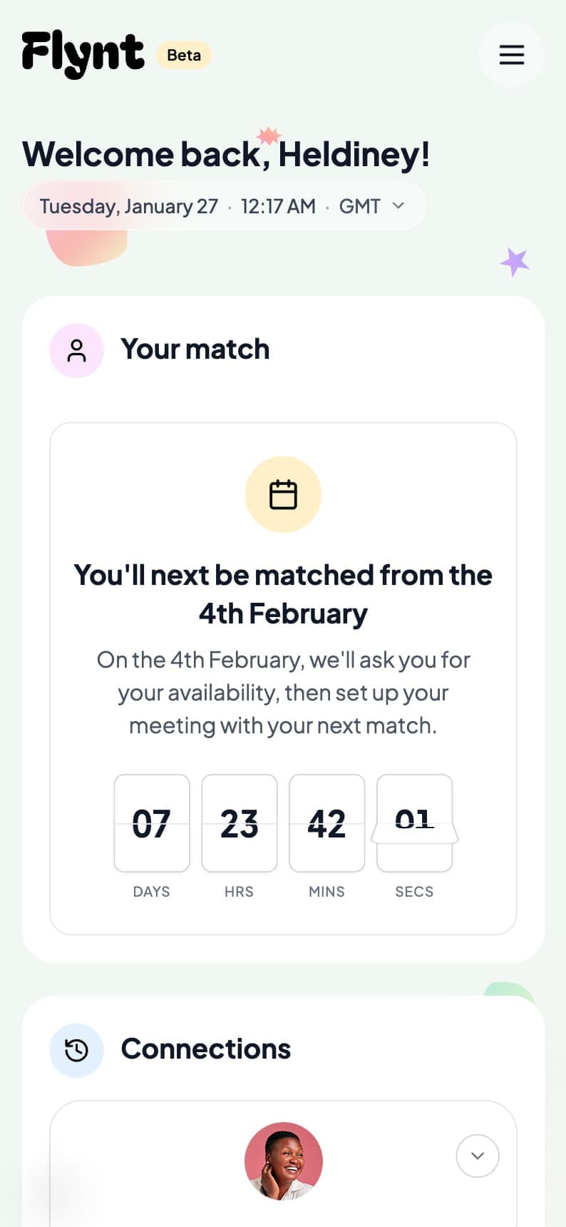 Dashboard showing countdown timer to next match